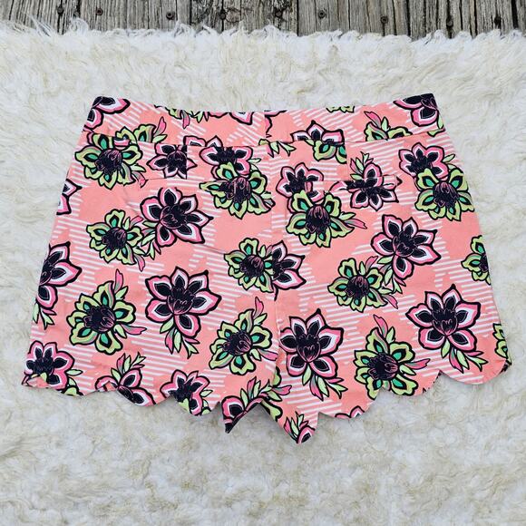Scallop Hem Shorts Floral Print Stretch Crown & Size 10 Peach Pink Navy Stripes - Picture 5 of 5